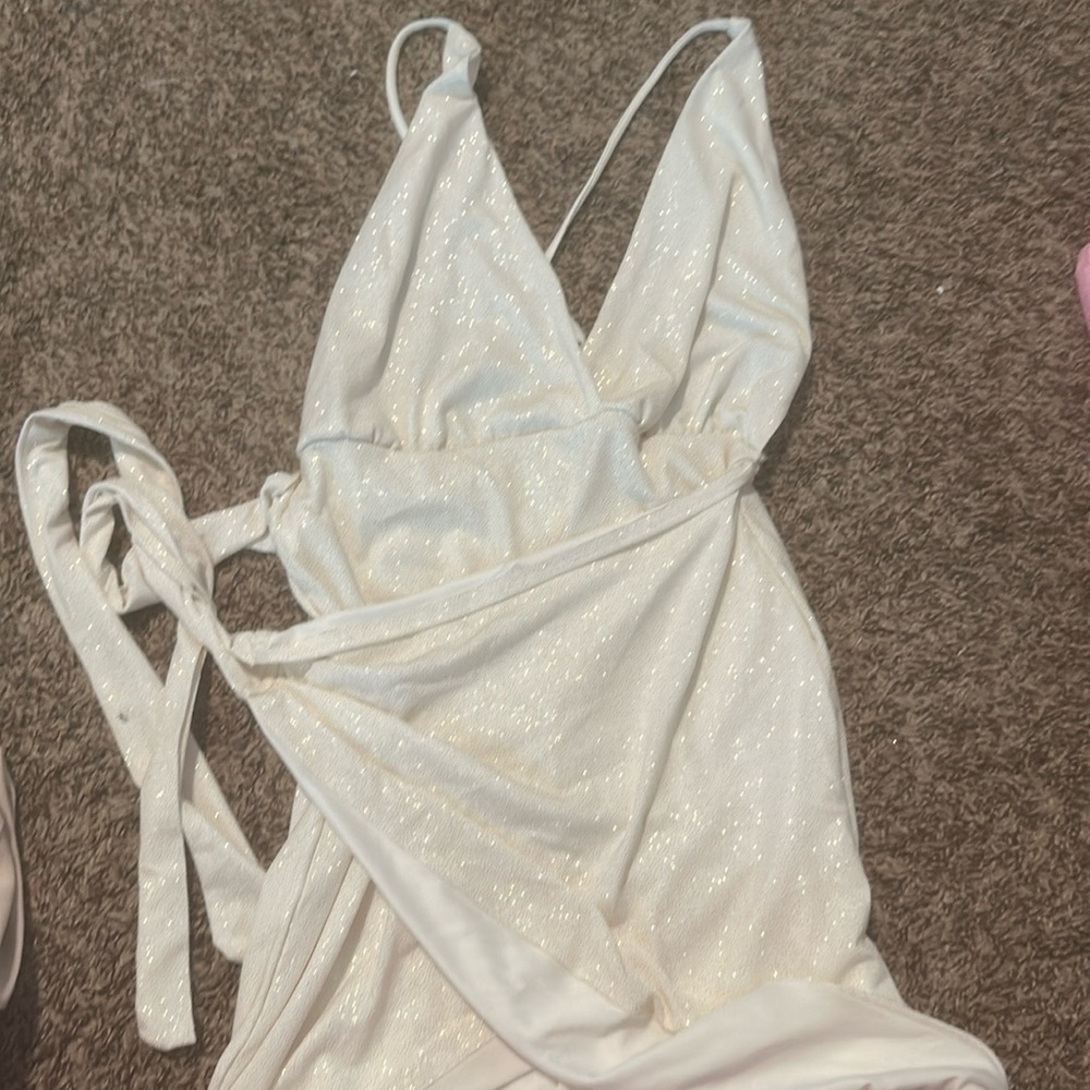 Backless wraparound cream sparkly mini dress